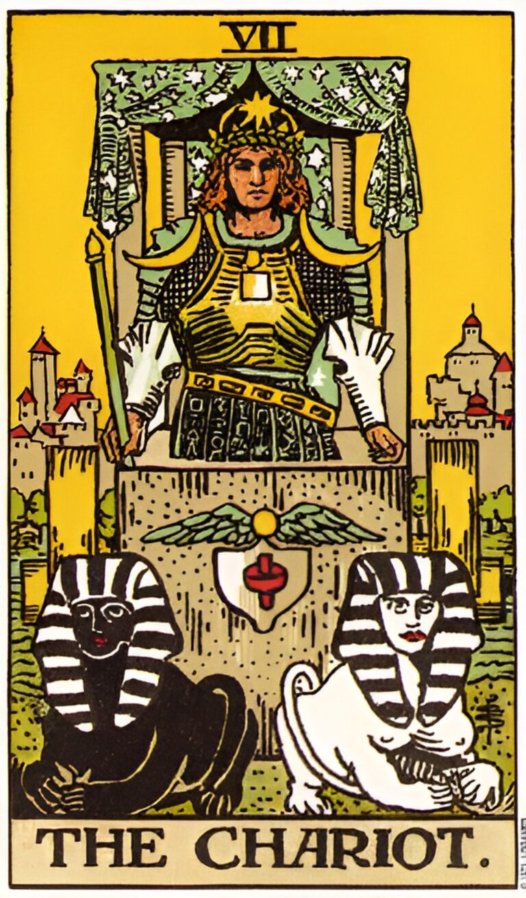 The Chariot tarot card from the Rider-Waite-Smith deck showing a charioteer in armor, pulled by two sphinxes, with a starry canopy overhead